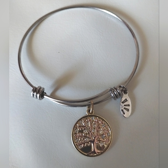 Tree Of Life Charm Bangle Adjustable Two Tone Bracelet - Picture 3 of 15